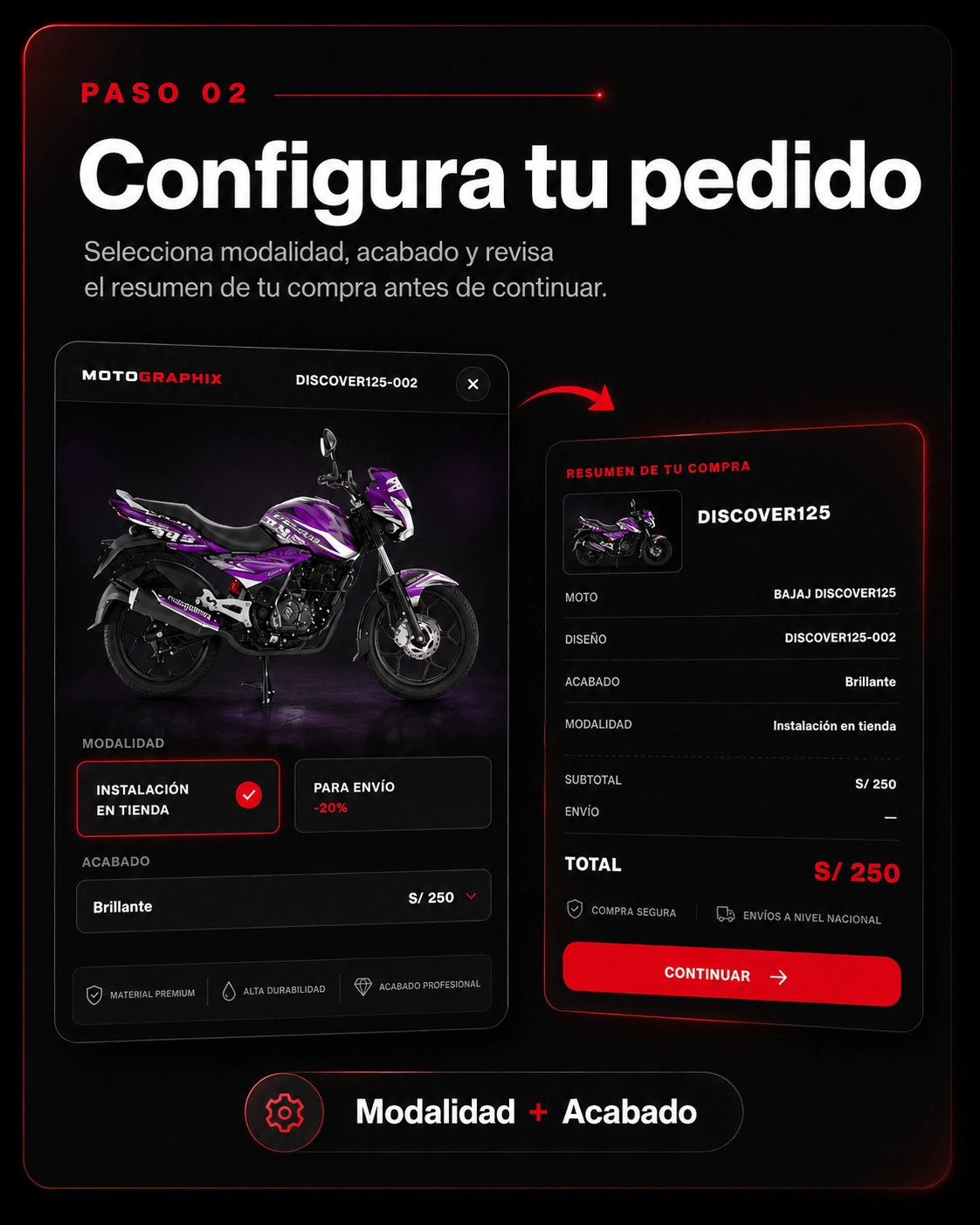 Paso 2: configurar modalidad y acabado del pedido
