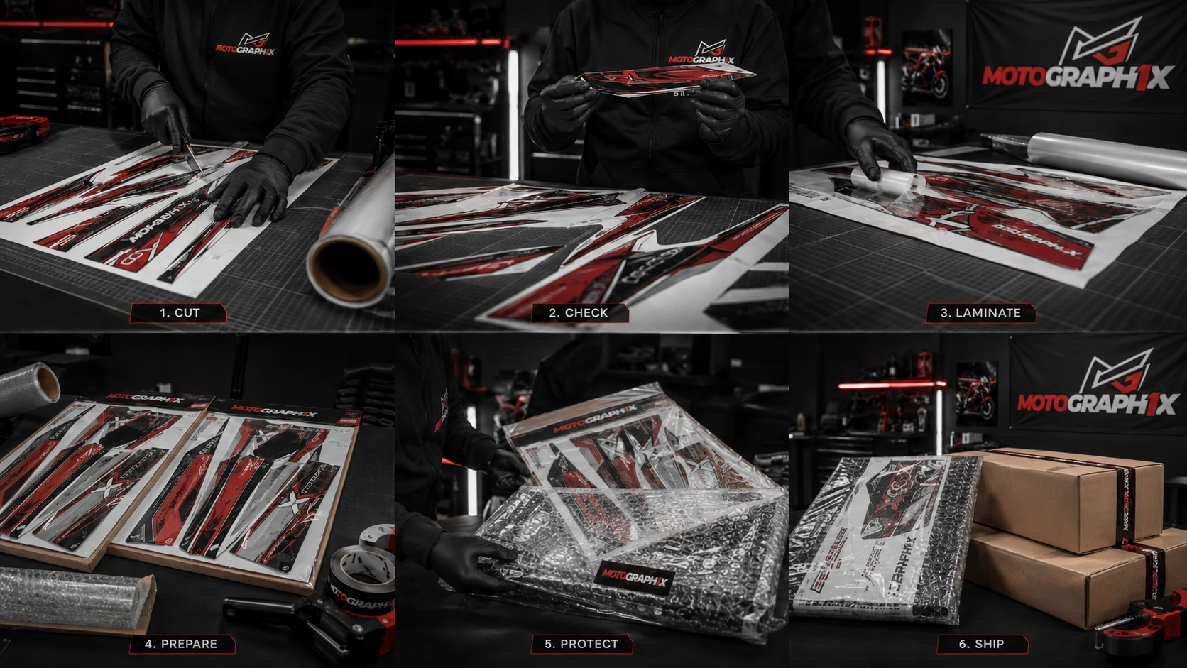 Proceso de fabricación y empaque de kits de gráficos MotoGraphix