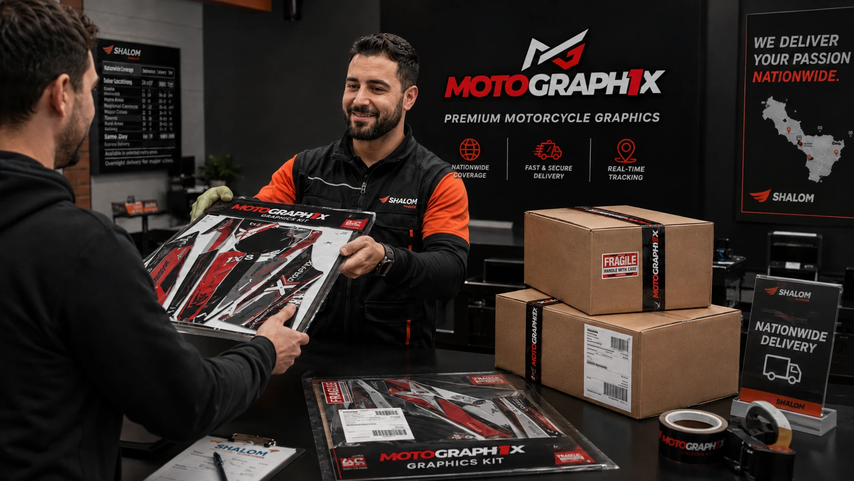 Entrega de paquete MotoGraphix en agencia de envíos